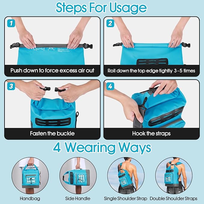 Dry Bag Waterproof,5L/10L/20L/30L Roll Top Dry Bag Backpack with WaterProof Phone Case for Swim,Kayak(Sky Blue 5L)