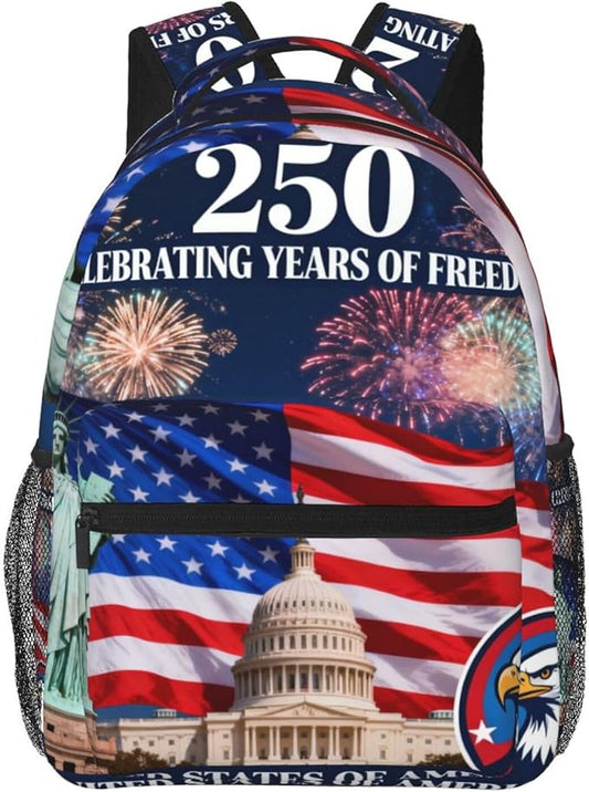 Polyester Daypack Backpack for Sports Travel Running, Big Capacity Anti-Theft Multipurpose Carry On Bag, 250th Anniversary 1776-2026 Patriotic Freedom Art Laptop Book Bag Rucksack