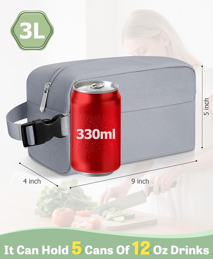 Small Insulated Snack Bag Lunch Bag for Kids Lunch Box, Collapsible [3L/5-Can] Reusable Lunch Bag Cooler Bag for Bottle with Handle Buckle for Work School Travel, Gray