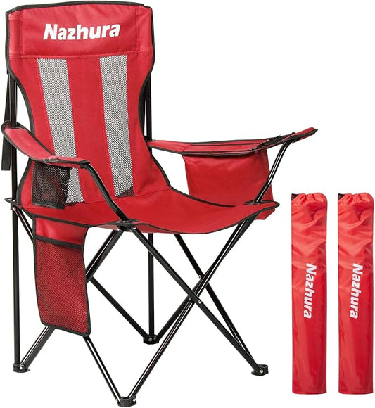 Nazhura 2 Pack Outdoor Camping Chairs Folding/Foldable/Portable with Cooler Pouch, Mesh Backrest and Cup Holder Pocket(Red, 2 Pack)
