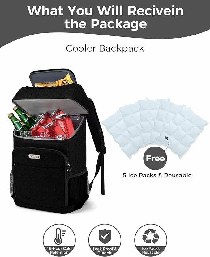 BAGLHER Lightweight Insulated Cooler Backpack - 30 Cans, Leak-Proof for Lunch, Picnic, Hiking, Camping Trips
