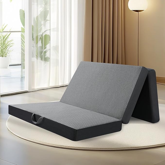 Tri Folding Mattress Full Size - Memory Foam Tri-fold Handle & Non-Slip Bottom, Portable Foldable Sofa Bed Floor Chair for Travel RV Camping Guest Yoga - 6 Inch, 73"x52"x6"