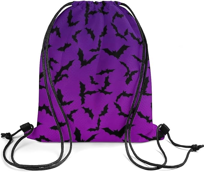 Waterproof Drawstring Bag Gym Sack Sports Backpack for Hiking Swimming Beach Yoga Gear Lightweight Unisex, Happy Halloween Bat Black Bats Purple Bags