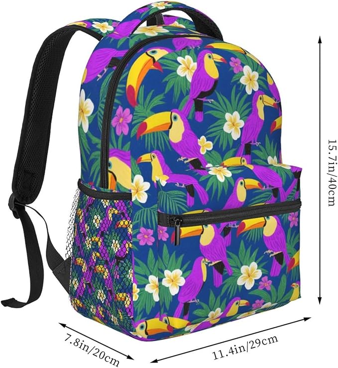 Daypack Bookbag Multipurpose Anti-Theft Big Capacity Carry On Bag, Hornbill Toucan Bird Travel Hiking Camping Rucksack With Padded Straps