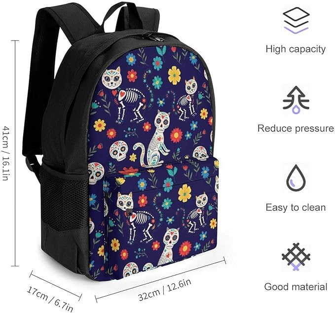 Polyester Daypack for Hiking Work Running, Big Capacity Anti-Theft Multipurpose Shoulder Bag, Day Of The Dead Black Cat Rose Sugar Skull Skeleton Travel and Sport Backpack Rucksack