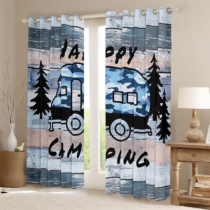 Camper Adventure Kids Blackout Curtains,RV Trailer Pine Tree Natural Rustic Nursery Bedroom Playroom Decor,Wooden Plank Cottage Farmhouse Window Drapes,Camo Blue 2 Panels,52Wx63L inch