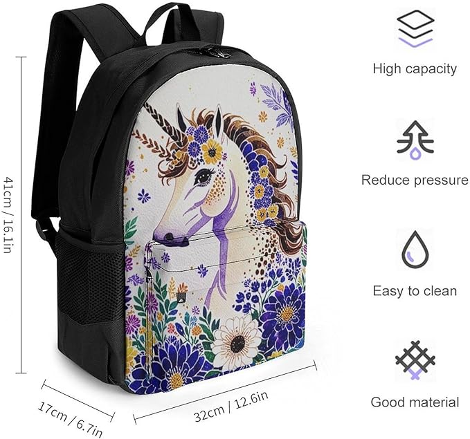 Supdreamc Polyester Daypack Backpack for Trekking Picnic Walking Cycling, Large Capacity Anti-Theft Multipurpose Shoulder Bag, Unicorn Purple Flower Casual Daypack