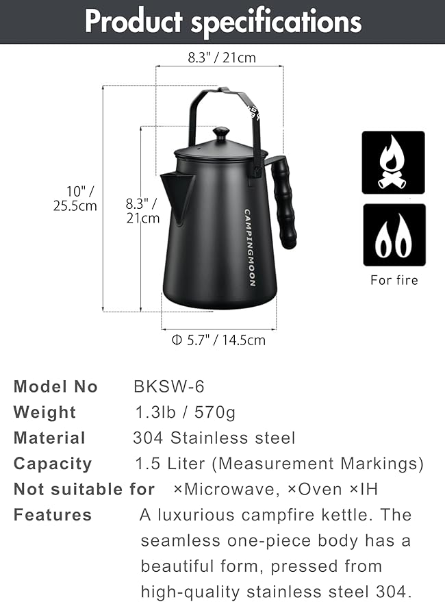 CAMPINGMOON 1.5L Campfire Kettle Stainless Steel Camping Kettle Black BKSW-6