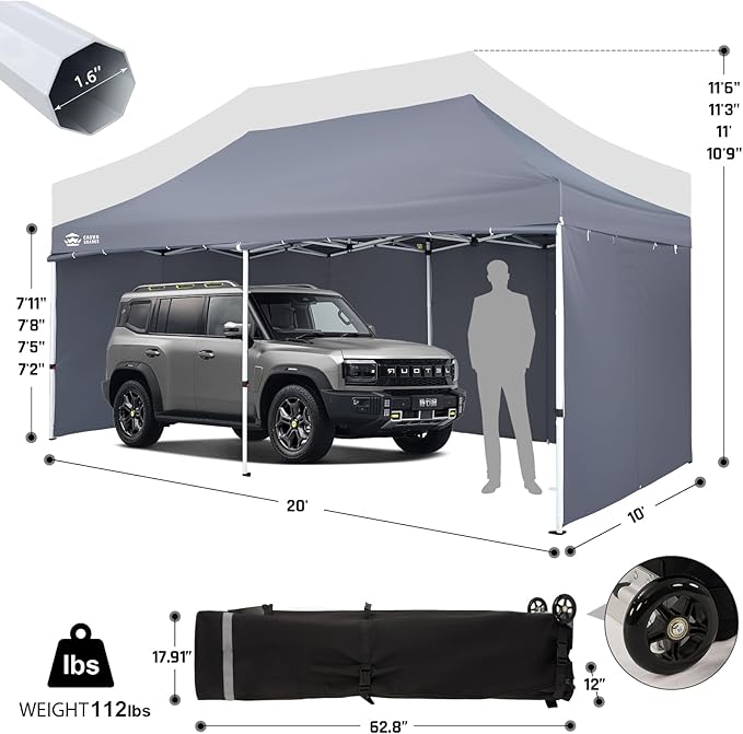CROWN SHADES 10x20 Pop Up Canopy Tent, Thicken Frame Commercial Heavy Duty Tent, 4 Sidewalls 8 Stakes & 4 Sandbags & 4 Ropes, Outdoor Canopies for Events, Parties, Gray