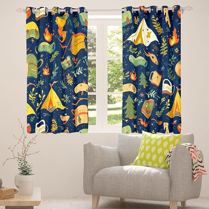 Feelyou Camping Decor Curtains for Bedroom Living Room Camper Accessories Blackout Shades Happy Camping Room Darkening Curtain Window Treatments, 2 Panels 42 x 63 Inch Decor