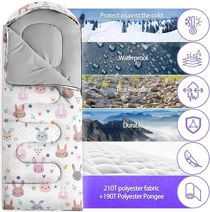 Sleeping Bags for Adults and Kids，3D Printing Camping Sleeping Bag for Girls Boys Lightweight Waterproof Cold/Warm 3-Season，Outdoor Travel with Compression Bags