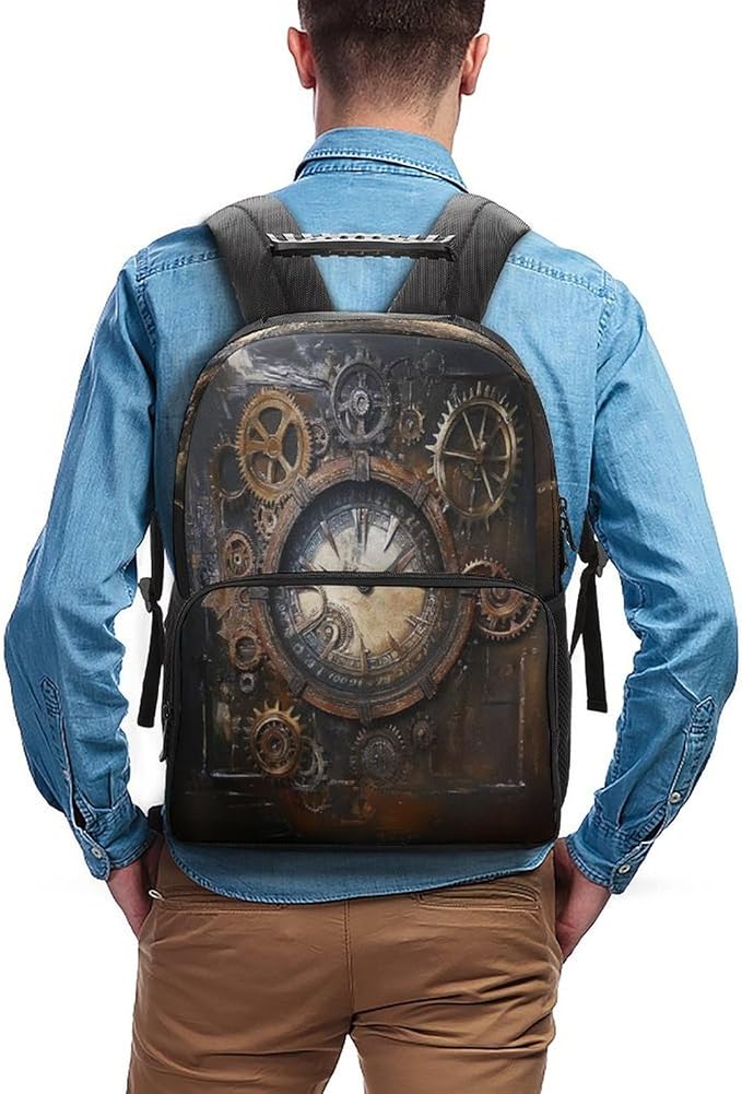 Shoulder Book Bags Polyester Multipurpose Anti-Theft Vintage Steampunk Clocks Carry On Bag Large Capacity Travel Hiking Camping Rucksack