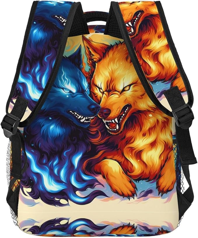 Rucksack Anti-Theft Multipurpose Large Capacity Carry On Bag, Ice And Fire Flaming Cool Wolf Art Travel Hiking Bag Day Pack With Side Pockets