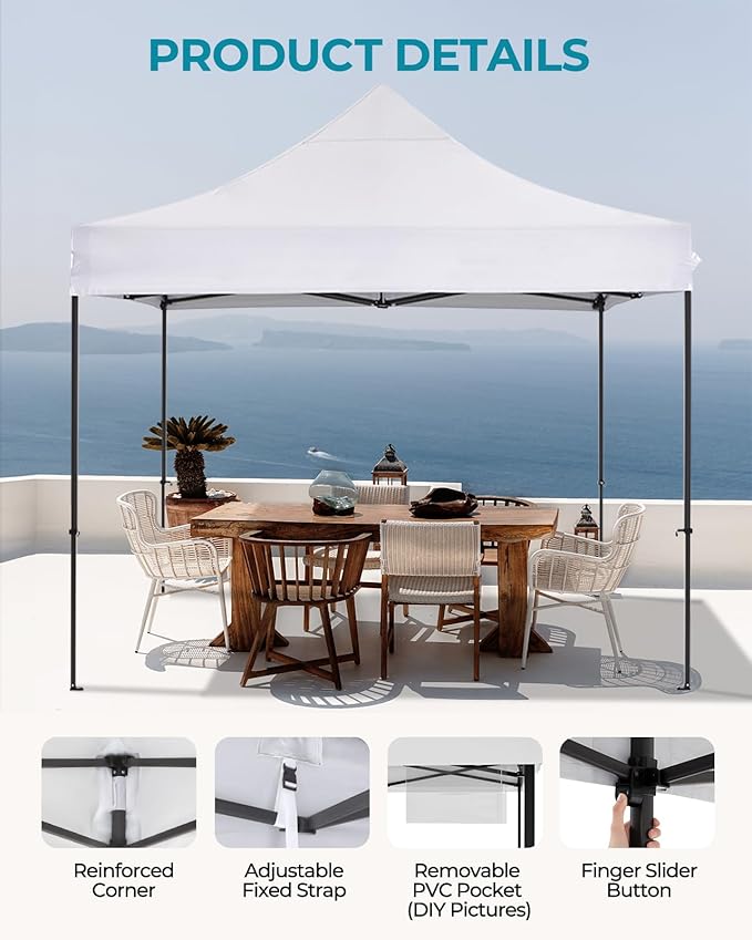 10x10 Pop Up Canopy with Wheeled Bag, Commercial Portable Canopy Tent, Easy Set Up, 4 Stakes & 4Sandbags & 4 Ropes, Waterproof Outdoor Shelter for Market, Parties, White