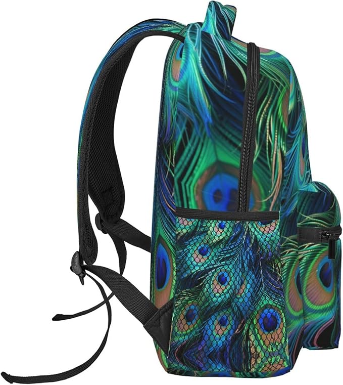 Men Women Polyester Chic Animal Beautiful Peacock Feather Art Daypack Big Capacity Shoulder Bag With Adjustable Shoulder Straps for Camping Travel Walking Cycling