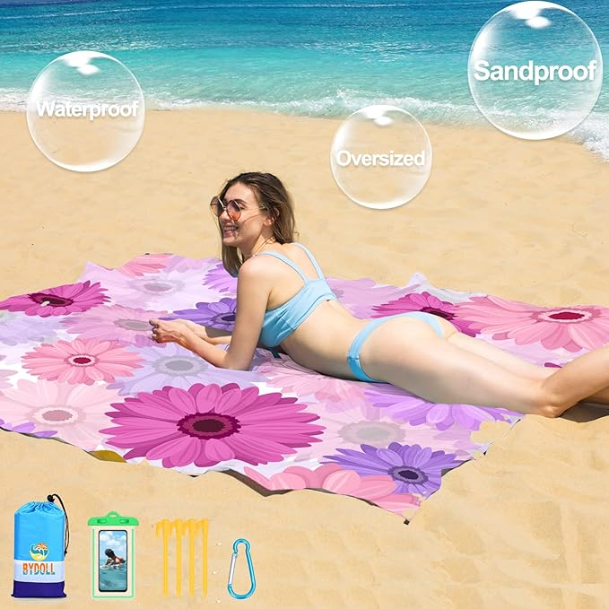 BYDOLL Beach Blanket Waterproof Sandproof Large 78''×81''/10'×9' Sand Free Oversized Sandless Picnic Mat Water Proof Packable Lightweight Blanket for Beach Camping Hiking Travel