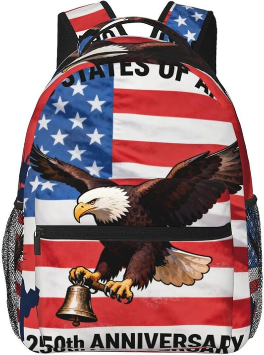 Men Women Lightweight 250 Years American 250th Anniversary USA Flag Art Casual Daypack Large Capacity Bookbag With Adjustable Shoulder Straps for Gym Business Bicycle