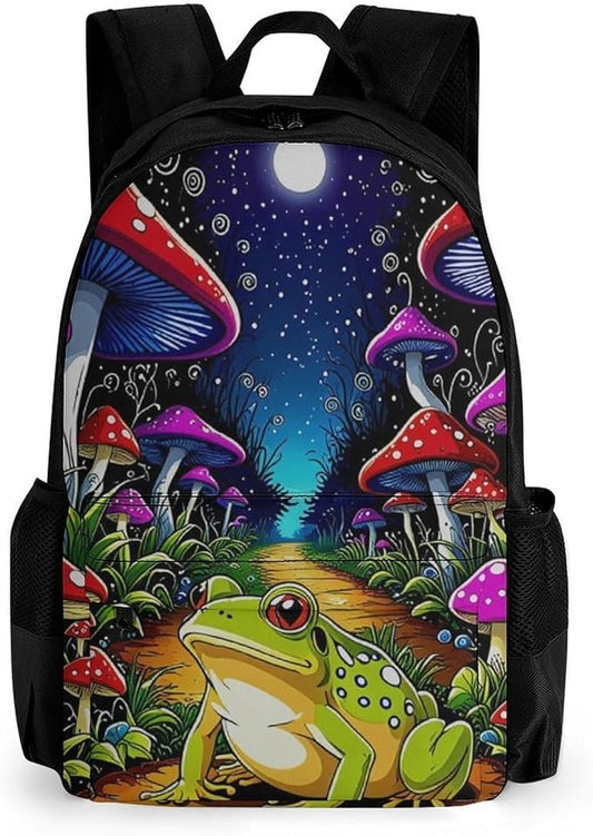 Supdreamc Daypack Backpack Anti-Theft Multipurpose Big Capacity Bookbag, Psychedelic Magic Mushrooms Frog Trippy Art Business Computer Bag With Side Pockets
