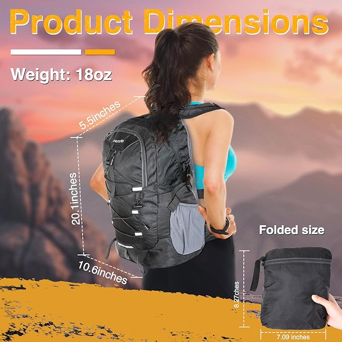 MOSISO 30L Lightweight Hiking Daypack Packable Backpack for Men Women, Casual Foldable Day Pack Shoulder Bag with 2 Front Pocket&Elastic Cord Strap for Travel Outdoor Camping, Black