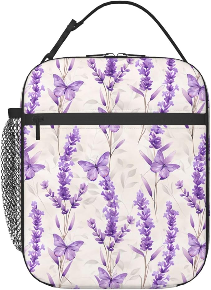 Reusable Lavender Lunch Box for Kids Girls Boys Women Adult, Insulated Floral Butterfly Lunch Bag,Polyester Cooler Flower Handbags Case for School Picnic Work Travel Beach or Hiking