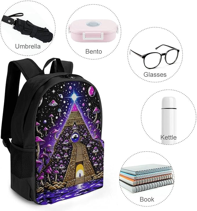 Polyester Daypack for Camping Travel Walking Cycling, Big Capacity Anti-Theft Multipurpose Bookbag, Psychedelic Egyptian Pyramid Eye Mushroom Art Camping Outdoor Backpack