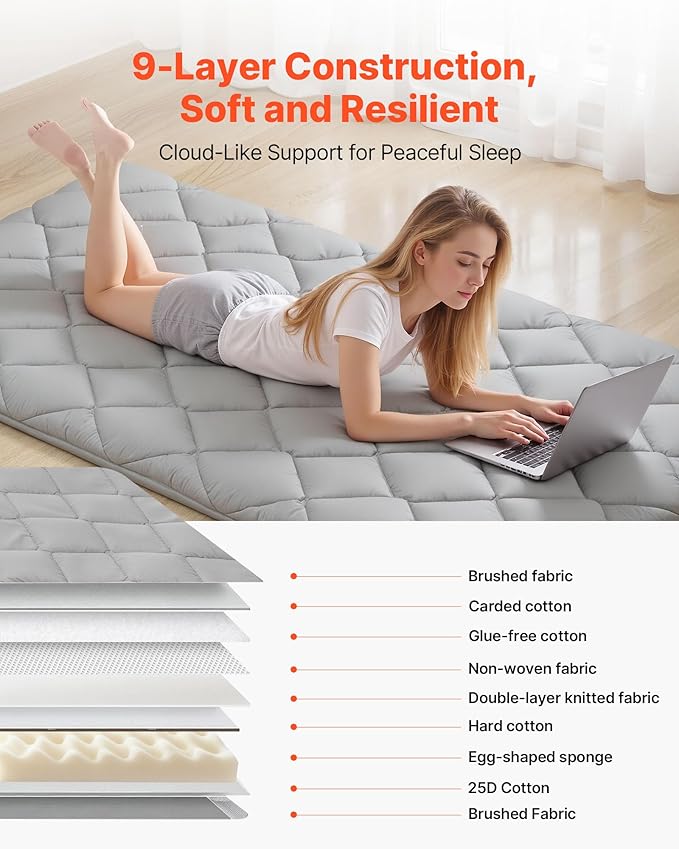 VEVOR 9-Layer Japanese Futon Mattress, 3.5" Thick Twin Tatami Mat, Foldable Roll Up Mattress for Sleeping with Storage Bag, Portable Floor Mattress for Camping Dormitory Yoga, Gray