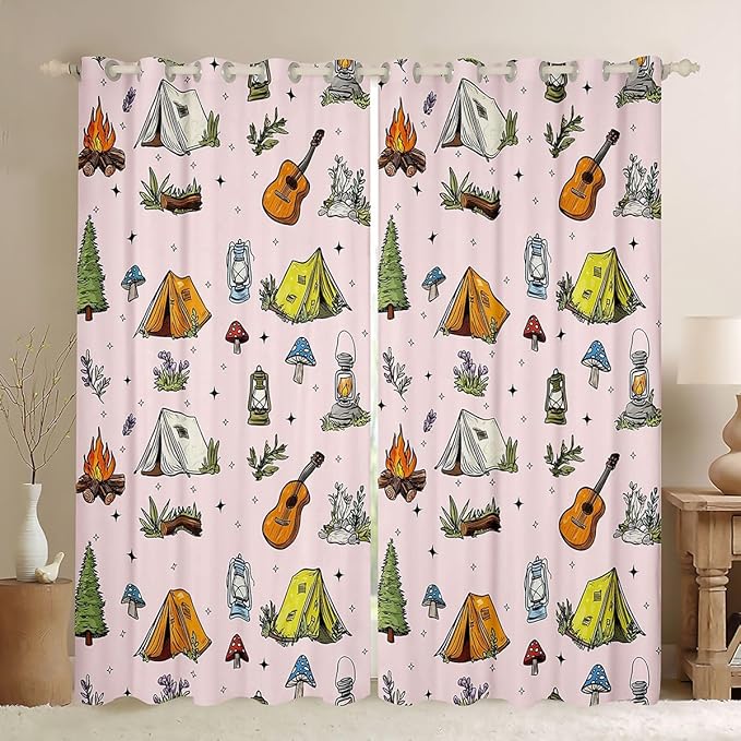 Feelyou Pink Camping Camper Blackout Curtains Campfire Camper Accessories Darkening Drapes for Bedroom Living Room Decor Happy Camping Thermal Insulated Shades Window Treatments, 2 Panels 42 x 84 Inch