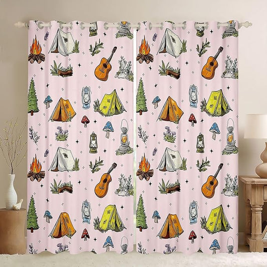 Feelyou Pink Camping Camper Blackout Curtains Campfire Camper Accessories Darkening Drapes for Bedroom Living Room Decor Happy Camping Thermal Insulated Shades Window Treatments, 2 Panels 42 x 90 Inch