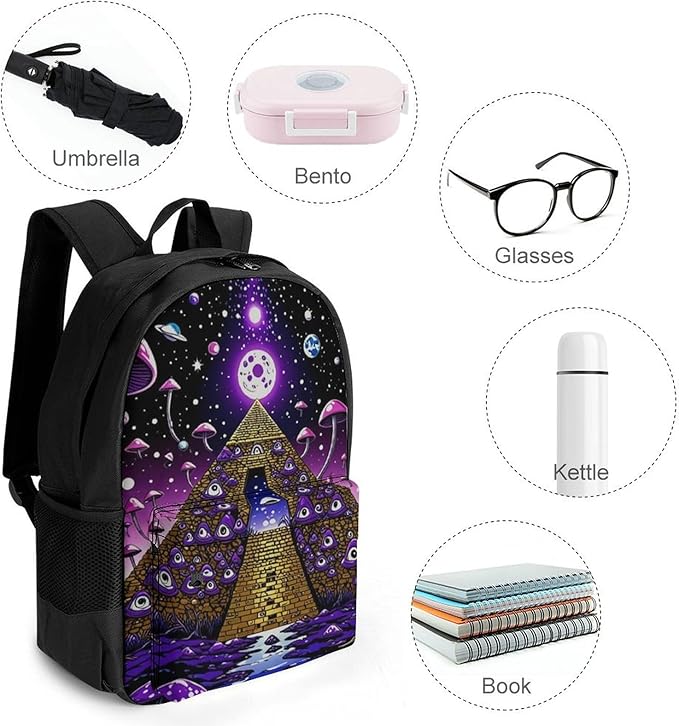 Shoulder Book Bags Polyester Multipurpose Anti-Theft Psychedelic Egyptian Pyramid Eye Mushroom Art Carry On Bag Large Capacity Travel Hiking Camping Rucksack