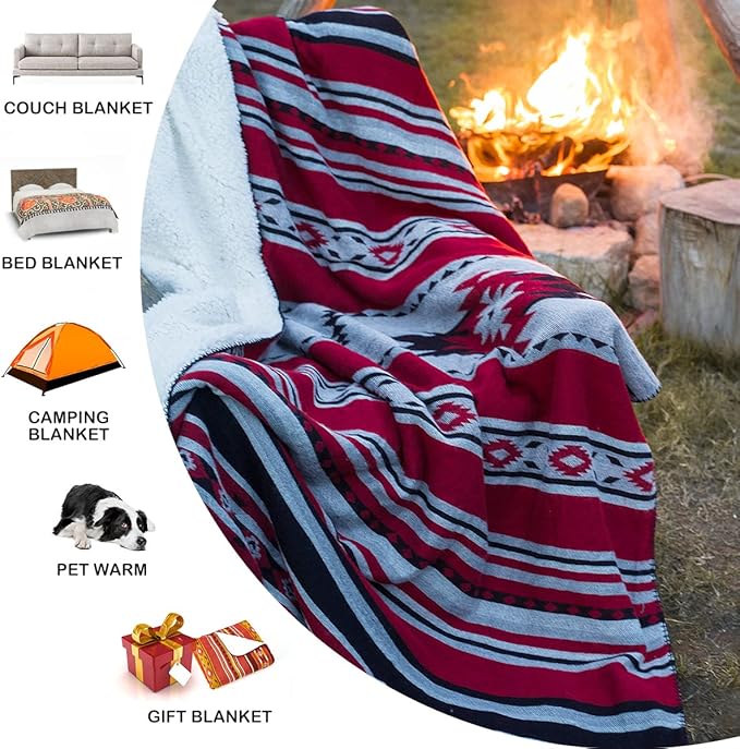 Aztec Patterned Throw Blanket with Soft Sherpa Lining, Traditional Southwestern Navajo Tribal Style Warm Throw for Camping, Outdoor, Light Weight Cozy Boho Blanket for Couch, Sofa, Bed, 60”x80”, Red