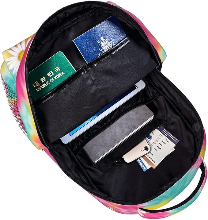 Men Women Polyester Daisy Flower Tie Dye Daypack Bookbag Big Capacity Shoulder Bag With Padded Straps for Climbing Travel Walking Cycling