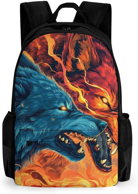 Supdreamc Lightweight Daypack for Camping Business Walking Cycling, Large Capacity Anti-Theft Multipurpose Bookbag, Ice And Fire Flaming Cool Wolf Art Gym Outdoor Hiking Backpack