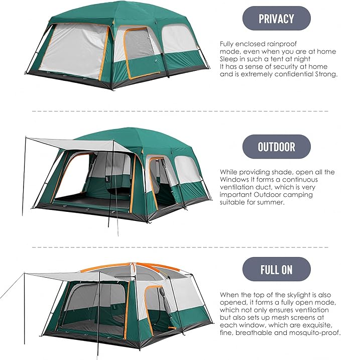 Grassman Extra Large Tent 10-12-14 Persons, Family Cabin Tents Waterproof, 2 Rooms, 1 Living Room with Mesh Straight Wall Double Layer Big Tent for Outdoor Camping Family Gathering
