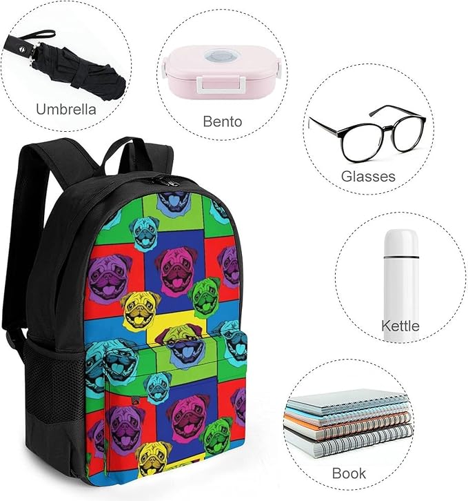 Backpack Polyester Anti-Theft Multipurpose Colorful Pug Dog Bookbag Large Capacity Laptop Book Bag Rucksack With Side Pockets