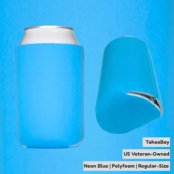 TahoeBay Blank Beer Can Cooler Sleeves (25-Pack) Bulk Sublimation Blanks for Vinyl Plain Soft Foam Can Sleeves Coolers for Soda Cans & Bottles Black, White, Assorted Solid Color (Neon Blue)