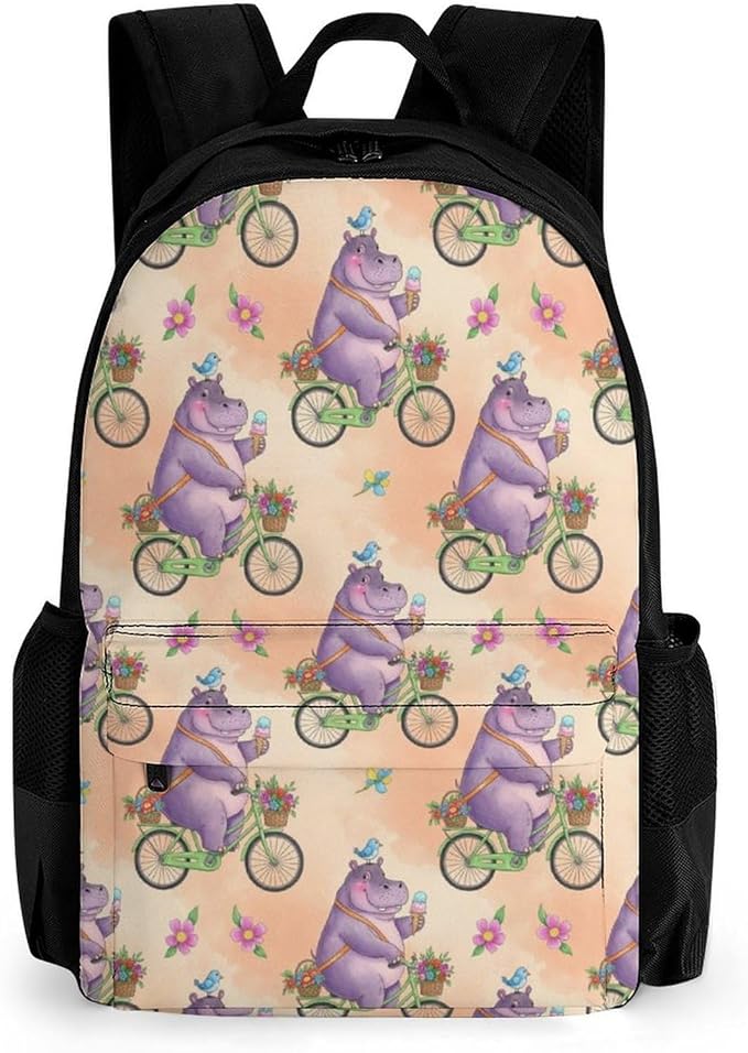 Adults Lightweight Hippo Hippopotamus On Bike Shoulder Book Bags Big Capacity Shoulder Bag With Adjustable Shoulder Straps for Trekking Work Walking Cycling