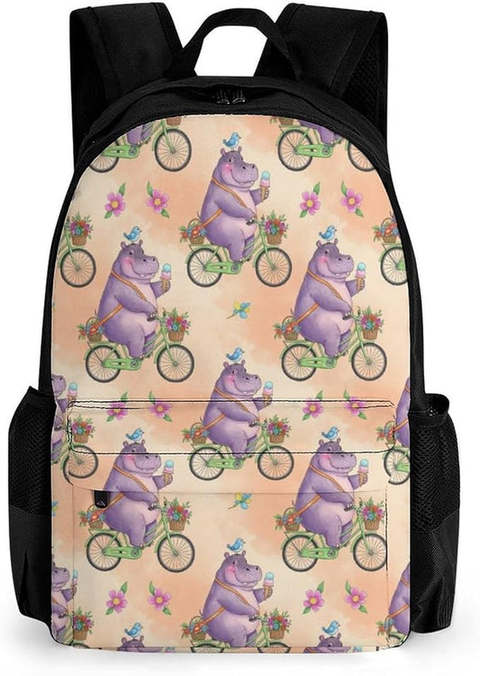 Adults Lightweight Hippo Hippopotamus On Bike Shoulder Book Bags Big Capacity Shoulder Bag With Adjustable Shoulder Straps for Trekking Work Walking Cycling