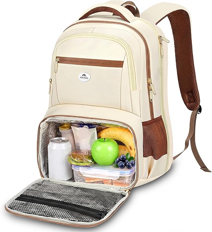 MATEIN Backpack Lunch Bag for Women, Sturdy Teacher Nurse Insulated Cooler Backpack for Work College Commute Travel, Stylish Cute 17 Inch Laptop School Bag with Lunch Compartment, Beige-Brown