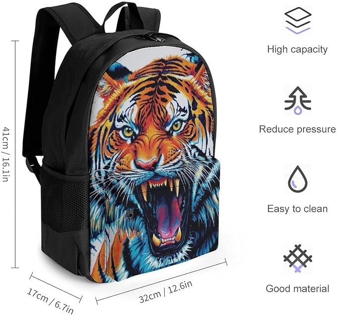 Supdreamc Men Women Lightweight Blue Fierce Wild Tiger Animal King Art Daypack Bookbag Big Capacity Carry On Bag With Side Pockets for Camping Travel Bicycle