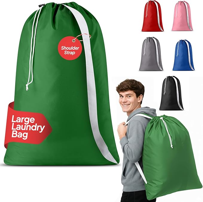 Handy Laundry Bag Shoulder Strap - Drawstring Locking Closure, Durable Nylon Material, Large Capacity, Heavy Duty Stitching - Perfect for Laundromat or College Dorm (Green, 30" x 40")