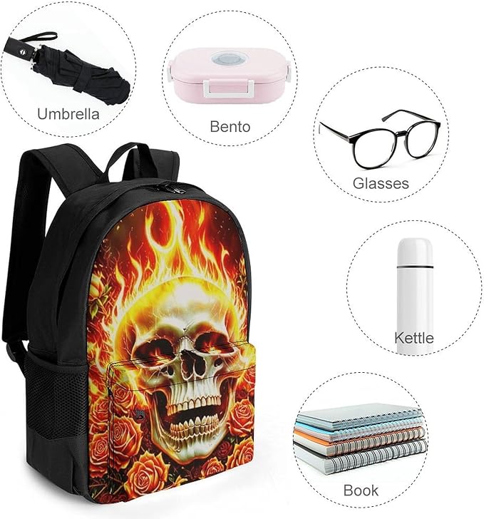 Daypack Bookbag Multipurpose Anti-Theft Big Capacity Carry On Bag, Skull Rose Fire Travel Hiking Camping Rucksack With Padded Straps