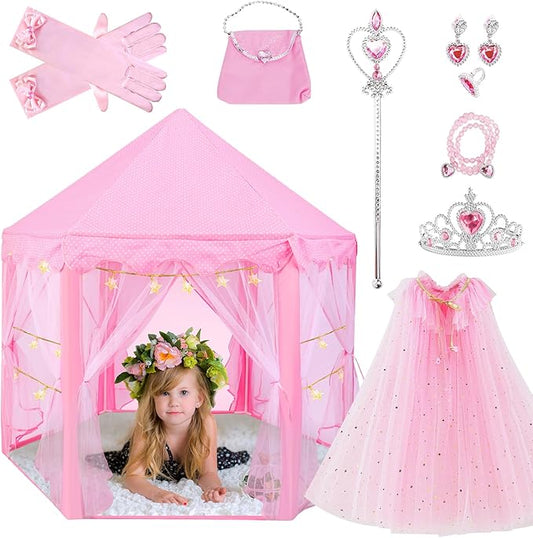 Princess Tent with 10Pcs Cape Set for Girls,Castle Play Tent with Princess Dress up Clothes,Large Indoor and Outdoor Playhouse with LED Star