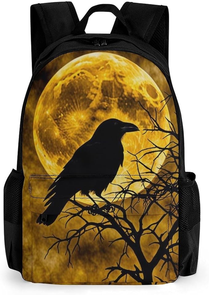 Backpack Anti-Theft Multipurpose Large Capacity Carry On Bag, Halloween Raven Moonlight Moon Night Camping Outdoor Backpack With Side Pockets