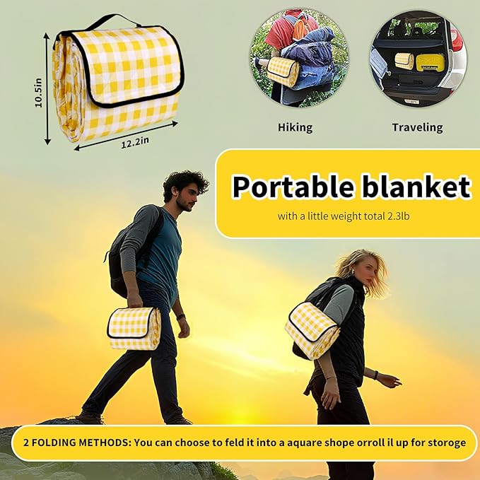 Picnic Outdoor Blankets, Extra Large 79x79in Beach Blanket, Thick 3-Layers Camping Waterproof Mat for Camp Hiking Park, Portable Foldable Rug for Family-Yellow, Sandproof & Machine Washable