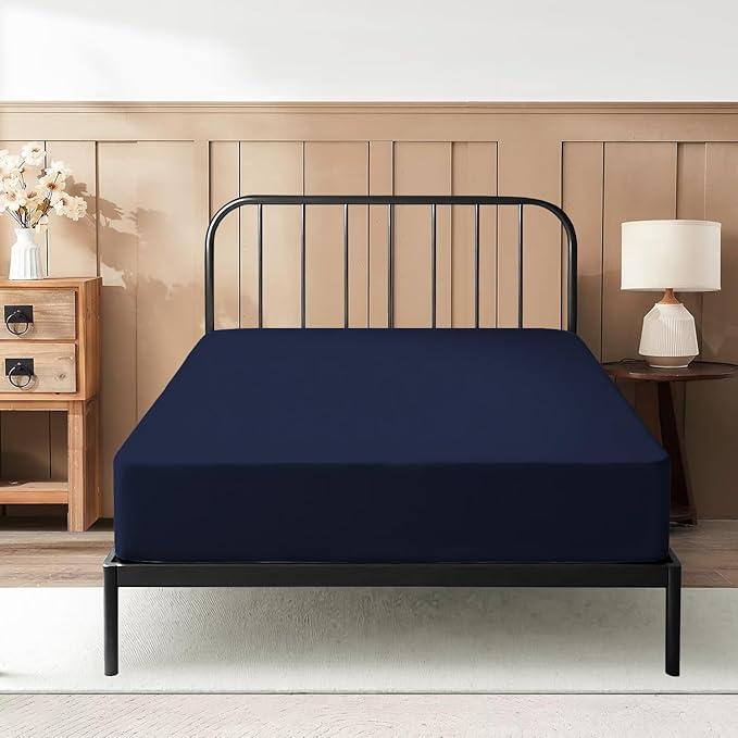 Queen Fitted Sheet 60 x 80 Inches 12" Deep Pocket 100% Egyptian Cotton 600 Thread Count Snug Fit for Trifold Mattress, Narrow Twin, Camp Bunk, Guest Bed, Army Cot Soft & Breathable – Navy Blue