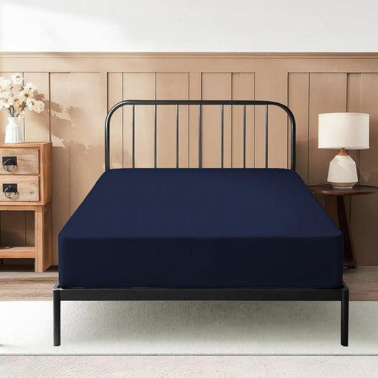 Twin XL Fitted Sheet 39 x 80 Inches 10" Deep Pocket 100% Egyptian Cotton 600 Thread Count Snug Fit for Trifold Mattress, Narrow Twin, Camp Bunk, Guest Bed, Army Cot Soft & Breathable – Navy Blue