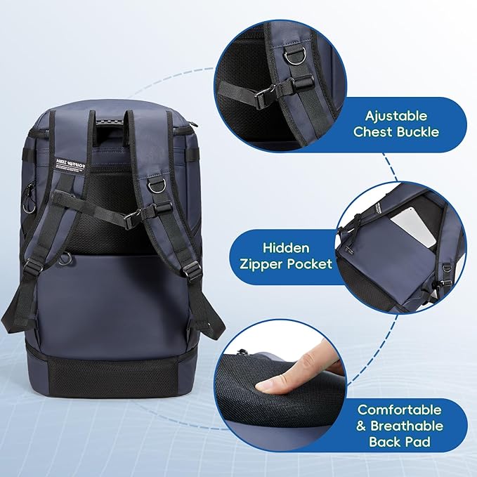 Waterproof Camping Backpack with Lunch Compartment, Mens Backpack Insulated for Work, 17 inch Laptop Bag, Carry On Backpacks for Airplane Beach Travel, Blue