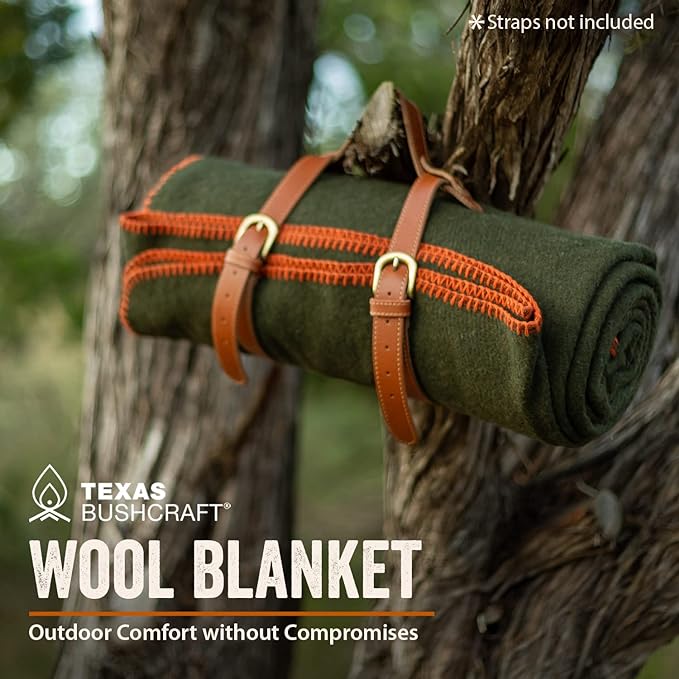Texas Bushcraft Merino Wool Blanket for Camping Hiking and Backpacking – Water Fire Resistant Camp Car is Fast-Warming Durable with Double-Stitched Edging (66” x 90”) Burnt Orange