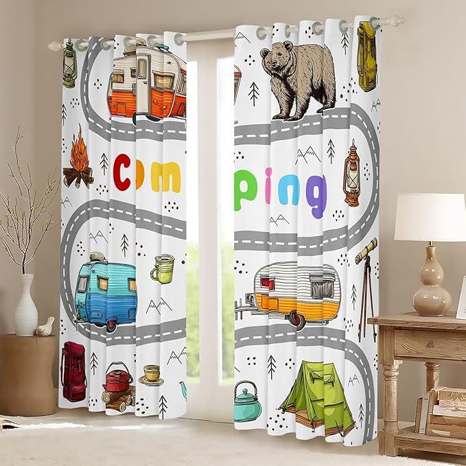 Feelyou Cute Rv Camping Camper Curtains for Bedroom Living Room Wildlife Animal Bear Blackout Shades Camping Adventure Room Darkening Curtain Window Treatments, 2 Panels 52 x 63 Inch Decor
