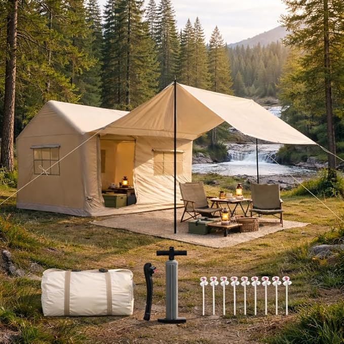 Luxury Glamping Inflatable Tent House for 6-8 Person, 118"x158" XL Awning, 6.3" Extra Thick Air Beams (Stronger Than 5"), Heavy Duty Waterproof Oxford, Fast Setup Camping Tent with Pump & Bag